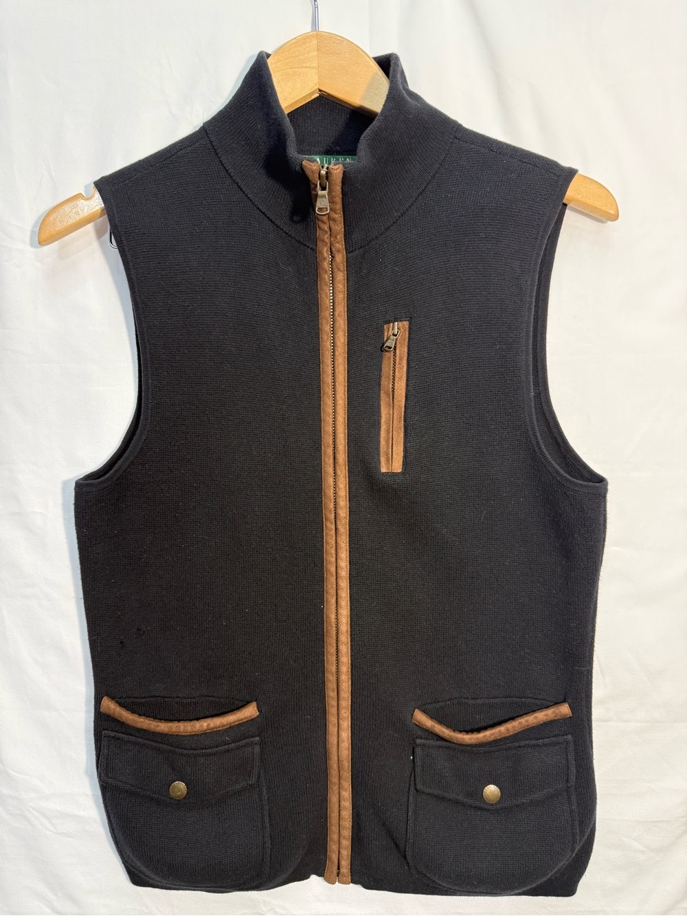 Lauren Ralph Lauren Black Knit Utility Vest Brown Trim M
